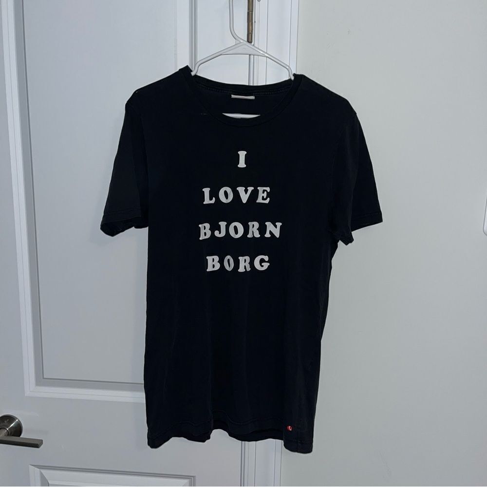 I love Bjorn Borg vintage tennis T shirt Black Size Large retro wear Sweden hero